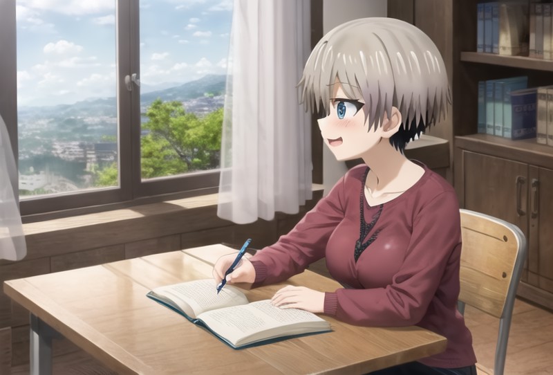 best quality , masterpiece, 1girl, solo ,hana_uzaki_10000 both hands on a table while one hand is holding a pen, looking o...